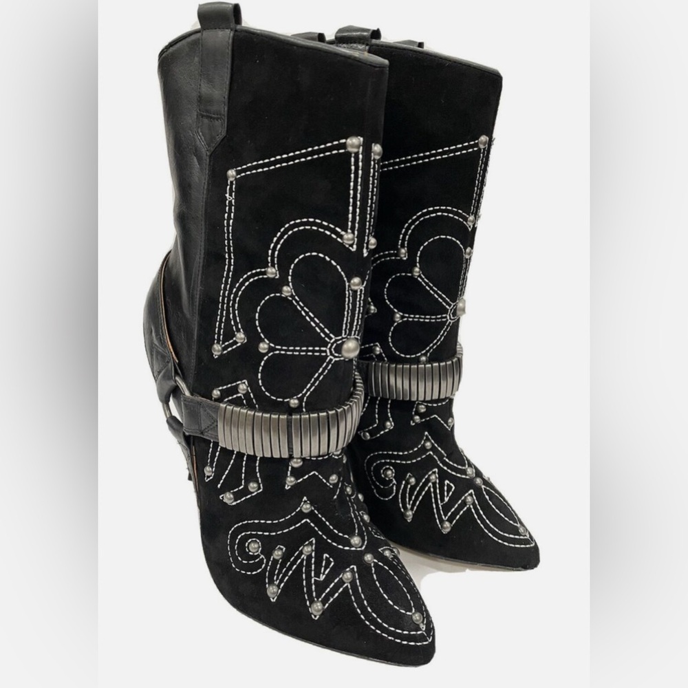 Black Suede Leather Studded Embroidered Harness Booties 7.5 Festival Boot Rocker